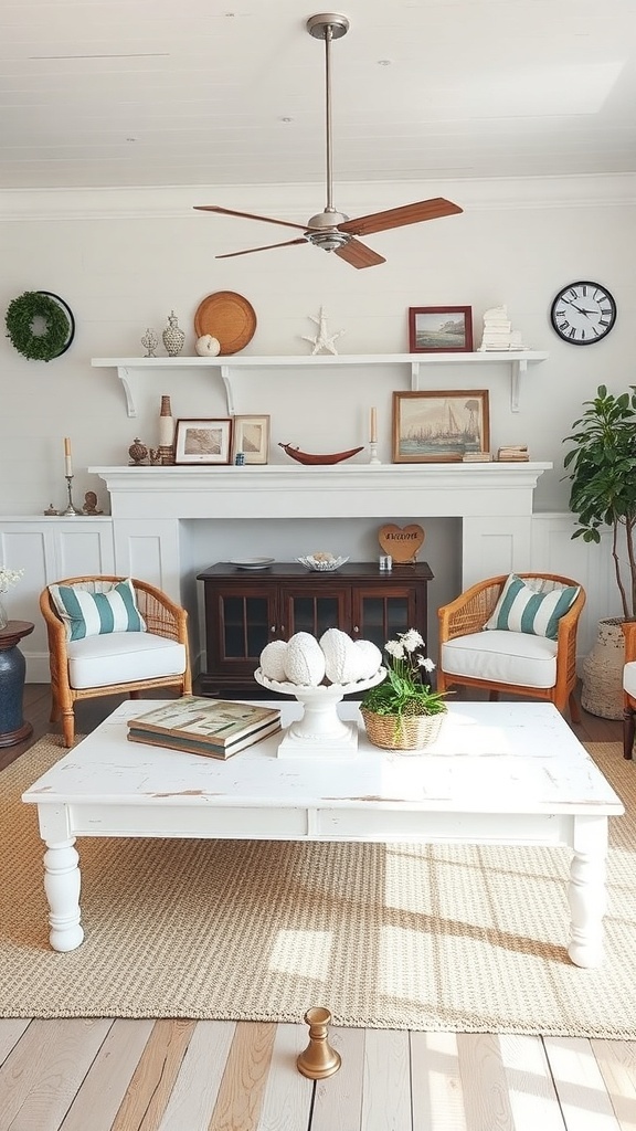 A cozy living room featuring a whitewashed wood coffee table, rattan chairs, and coastal decor.
