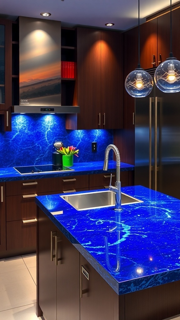 A modern kitchen featuring a cobalt blue recycled glass countertop with wood cabinetry and stylish pendant lighting.