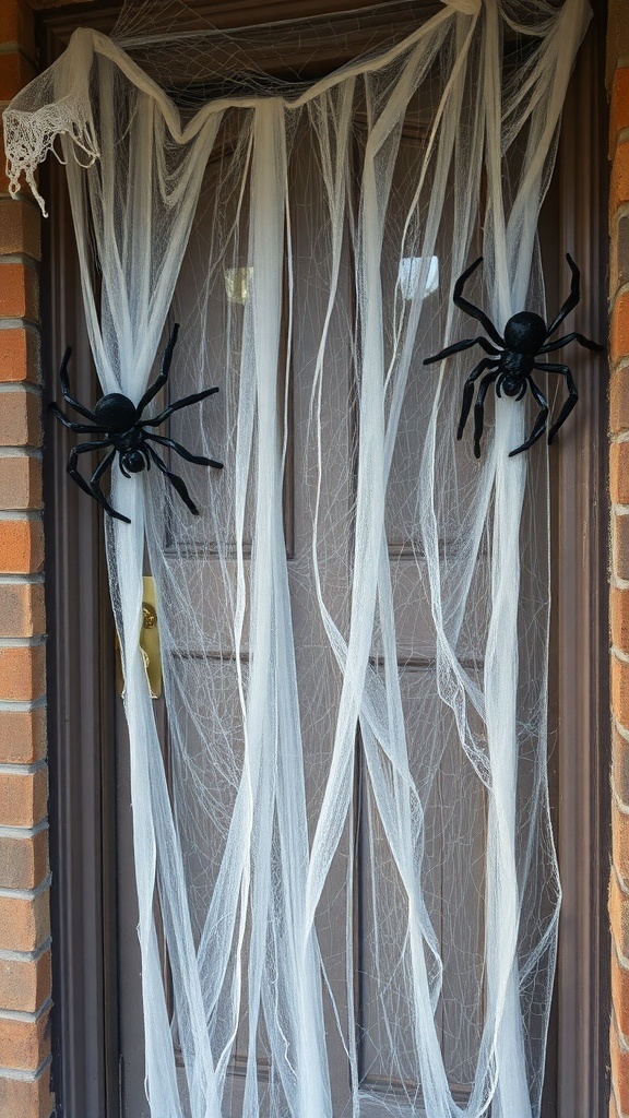 A front door decorated with faux cobwebs and black spiders for Halloween.