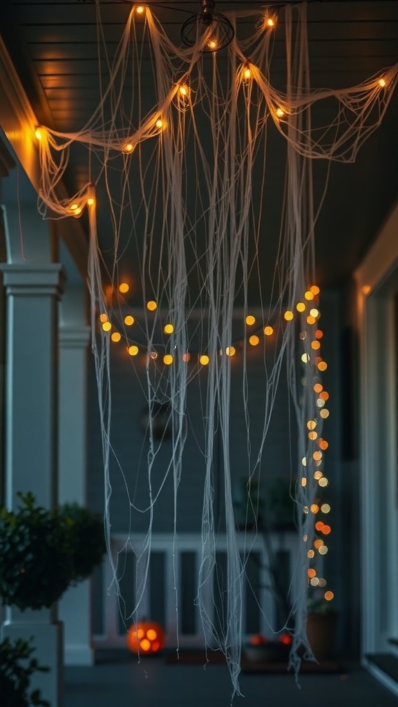 Cobweb drapes with warm fairy lights hanging from a porch ceiling, creating a spooky yet inviting atmosphere.