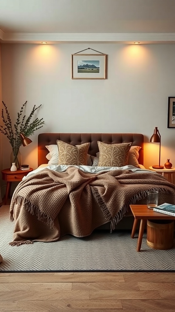 A cozy bedroom featuring a chocolate brown headboard, warm lighting, and textured throw blankets, creating a coffee-inspired palette.