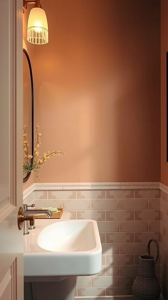 Elegant powder room with warm tones, geometric wallpaper, and stylish lighting.
