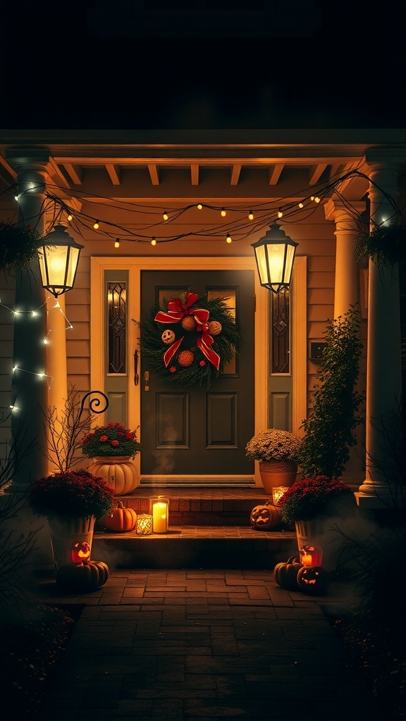 A cozy Halloween porch with string lights, lanterns, pumpkins, and a festive wreath.
