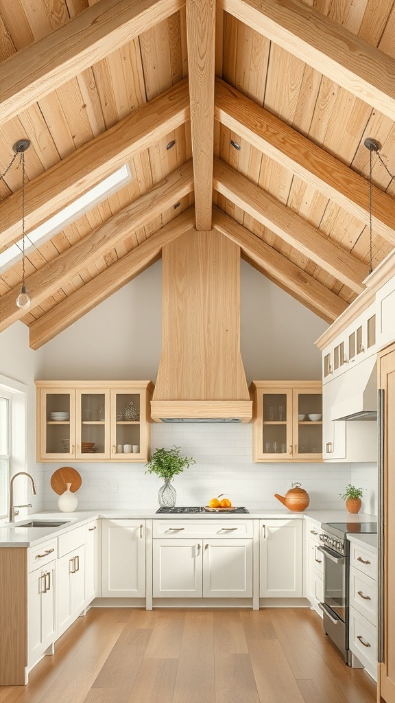 A kitchen featuring white oak cabinets and beams, showcasing a warm and inviting design.