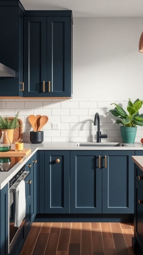 A modern kitchen featuring dark blue cabinets, warm wood flooring, and contrasting light elements.