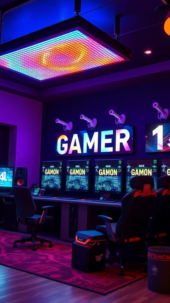 A colorful gaming room featuring a color-changing LED light box on the ceiling.