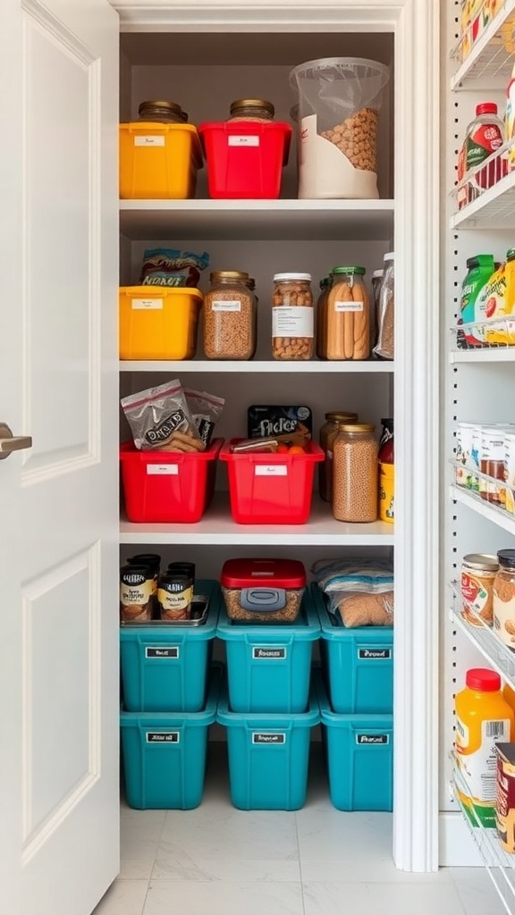 A neatly organized pantry with color-coded food storage containers in red, yellow, and teal.