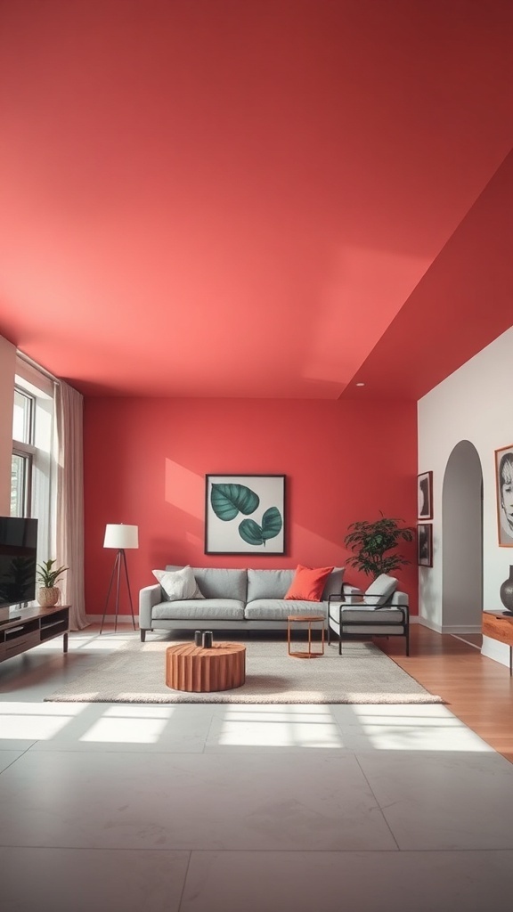 A modern living room with a bold red ceiling, showcasing a cozy sofa and stylish decor.