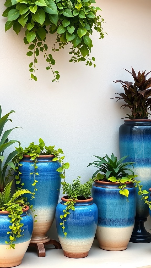 A collection of ceramic hanging planters in blue gradient with various plants.