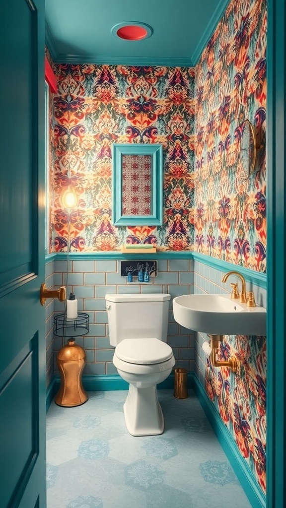 A vibrant powder room featuring bold patterned wallpaper, turquoise accents, and stylish fixtures.
