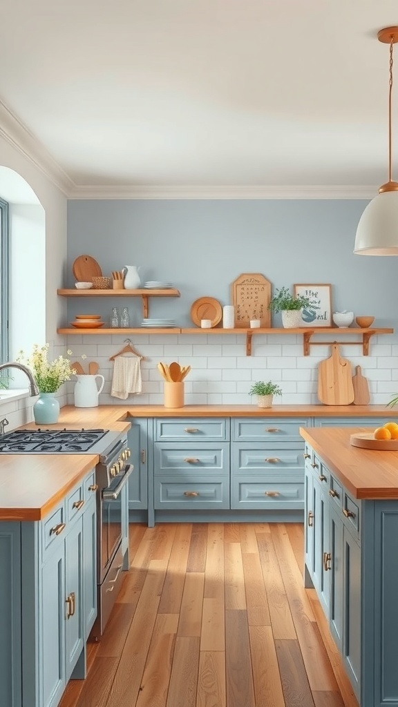 A kitchen featuring soft matte blue cabinetry, warm wood accents, and fluted glass doors.