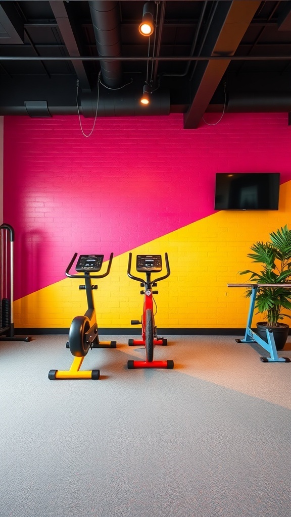 A home gym featuring colorful accent walls in pink and yellow, with exercise bikes and a plant.
