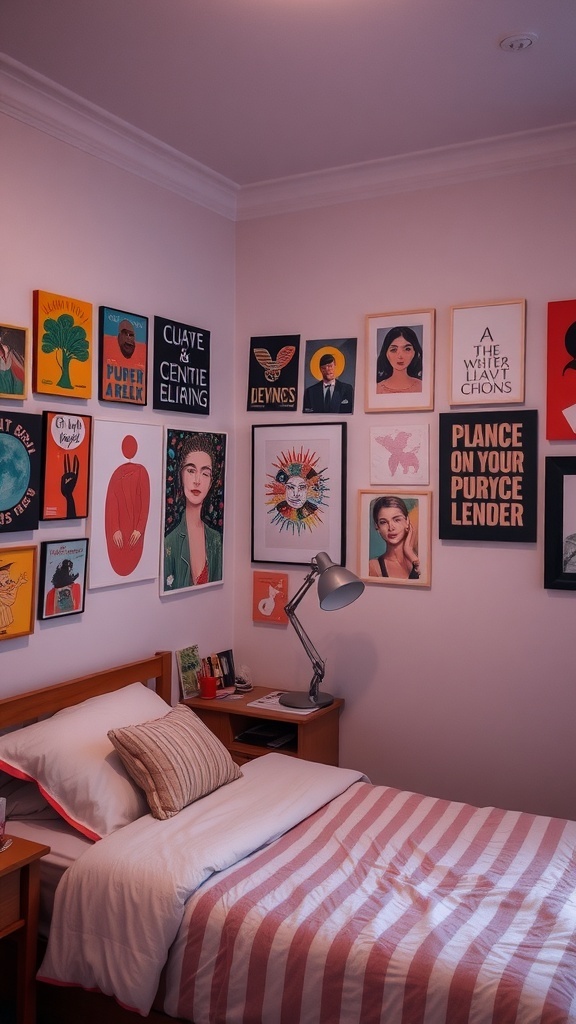 A bedroom wall decorated with colorful artwork, featuring various styles and designs.