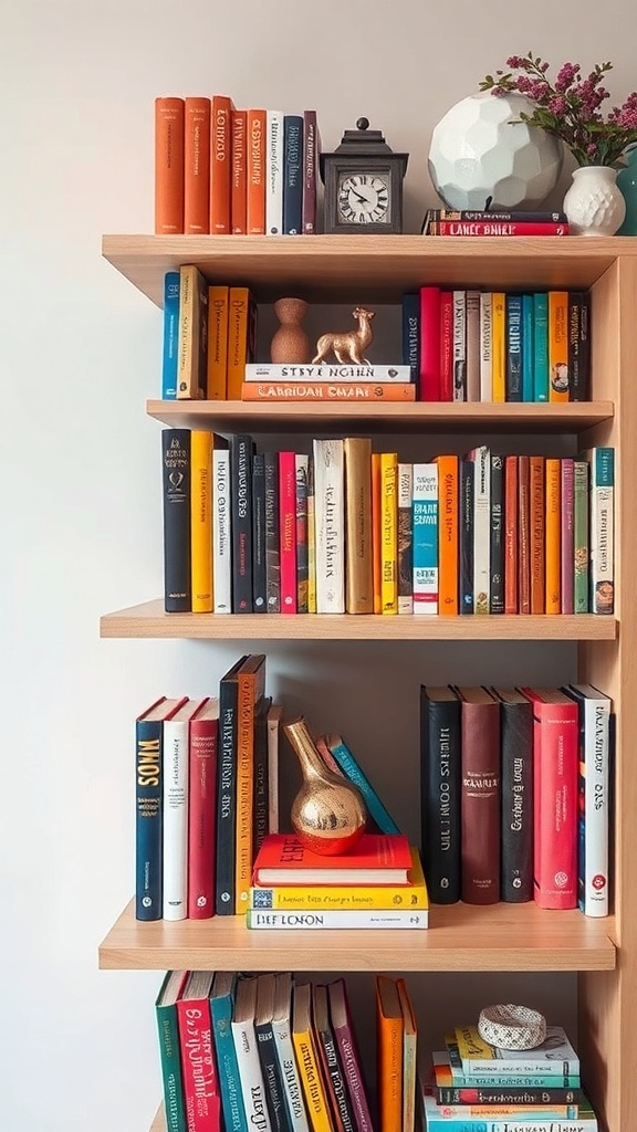 A colorful bookshelf displaying a variety of books arranged by color, with decorative items like a clock and plants.