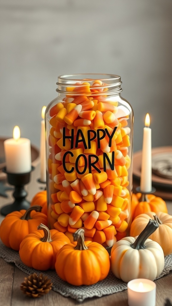 A Halloween centerpiece featuring a jar of candy corn labeled 'HAPPY CORN', surrounded by pumpkins and candles.