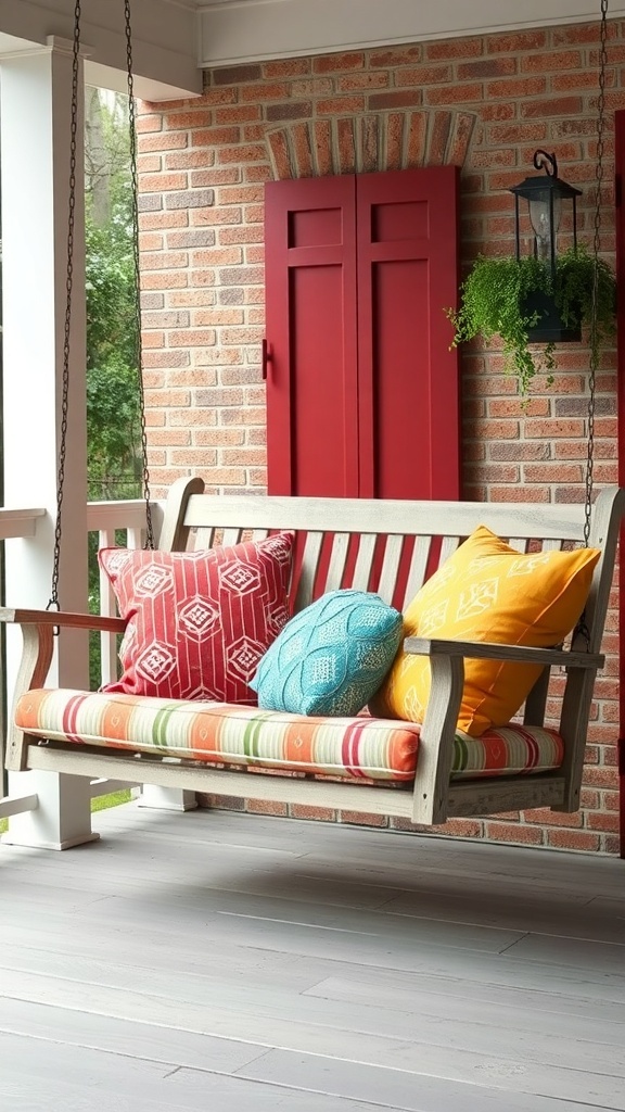 Colorful cushions and pillows on a porch swing with red shutters in the background