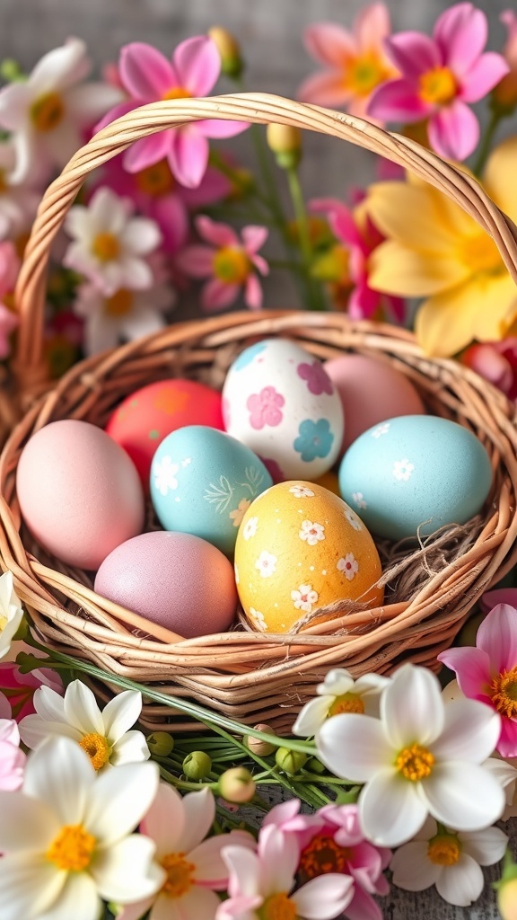 A basket filled with colorful Easter eggs surrounded by flowers