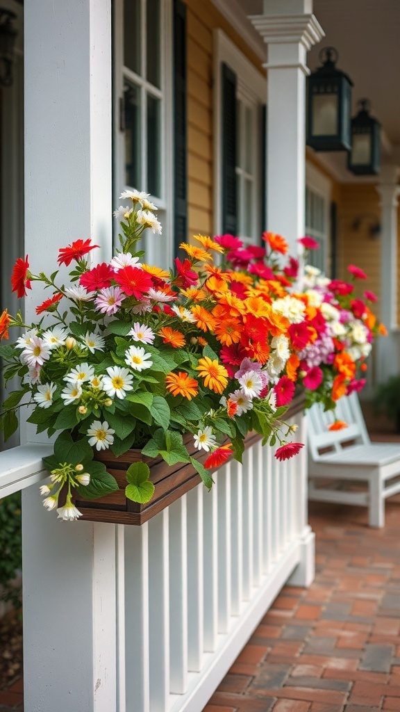 Colorful flower boxes filled with vibrant flowers on a porch railing
