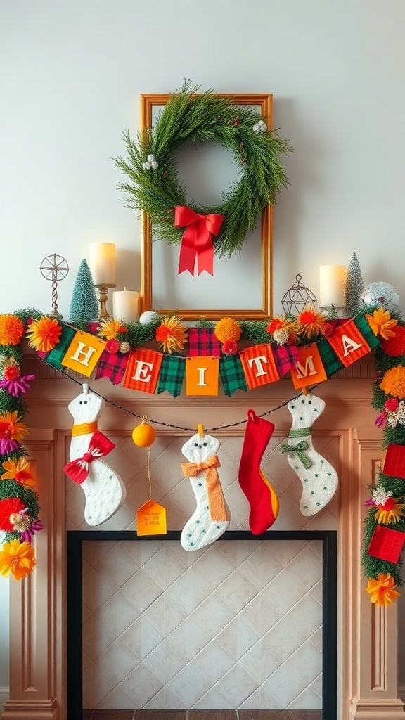 A colorful spring mantel decorated with a garland of flowers and a banner spelling out a cheerful message.