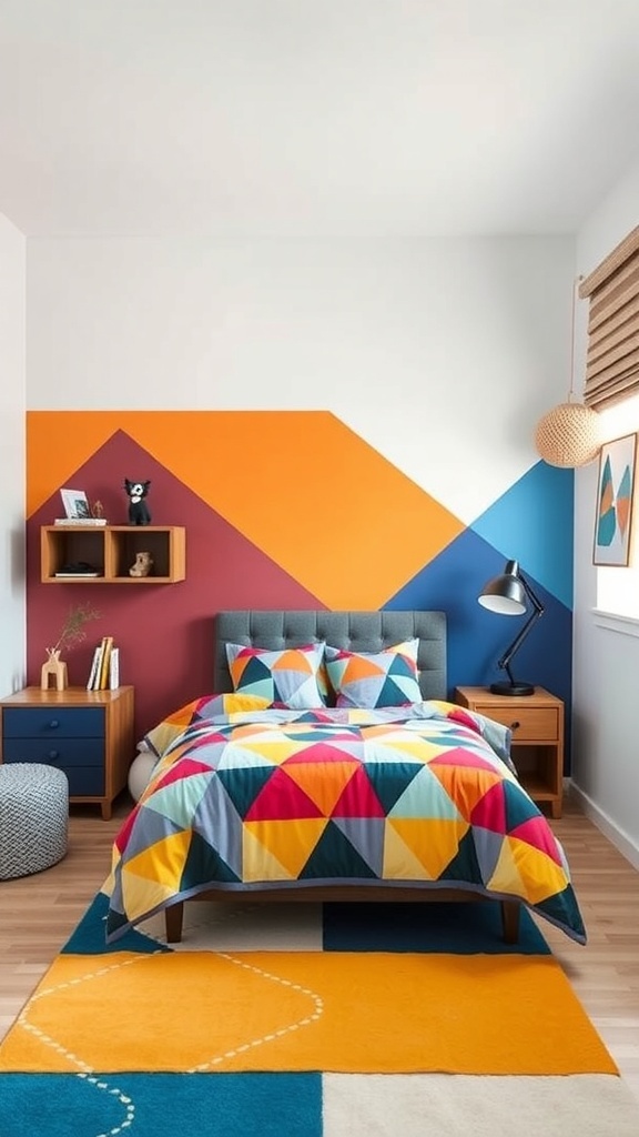 A colorful boy's room featuring geometric patterns on the walls and bedding.