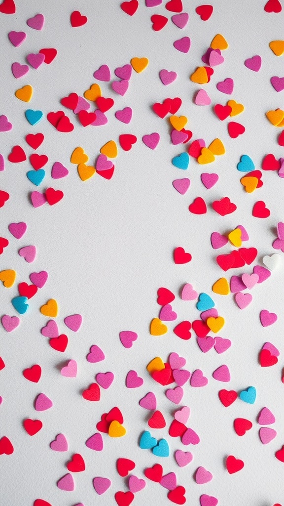 Colorful heart-shaped confetti in various shades scattered on a surface