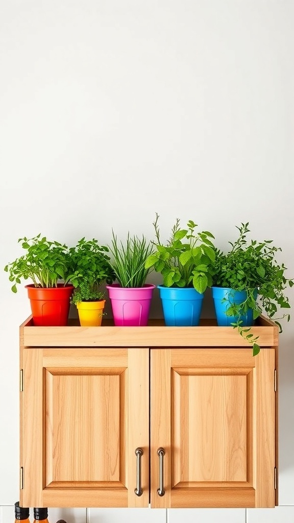 Colorful herb planters in pots above a wooden kitchen cabinet