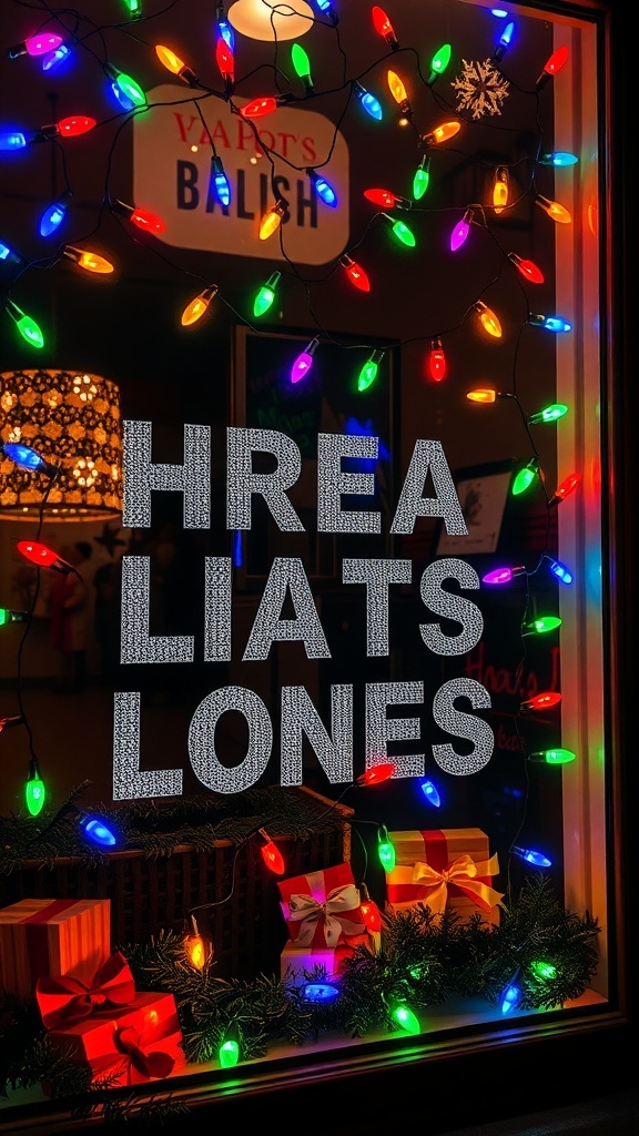 A window decorated with colorful holiday lights and wrapped gifts.