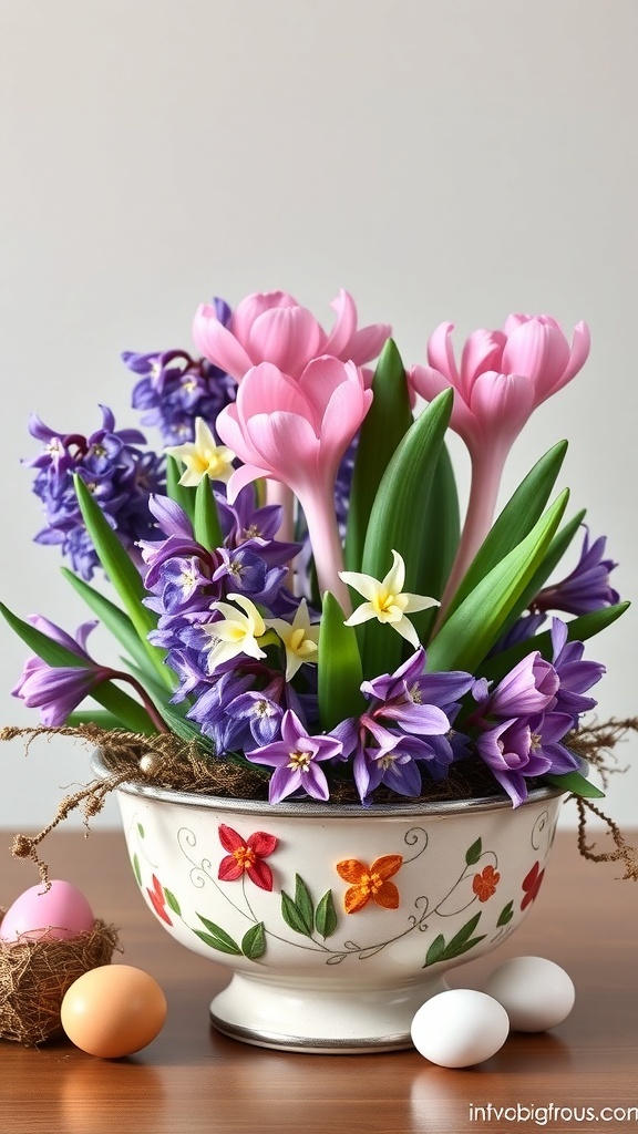 A colorful hyacinth centerpiece in a decorative bowl with pastel eggs around it.