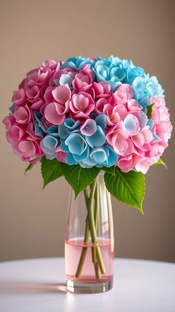 A vibrant hydrangea centerpiece featuring pink and blue flowers in a clear vase.