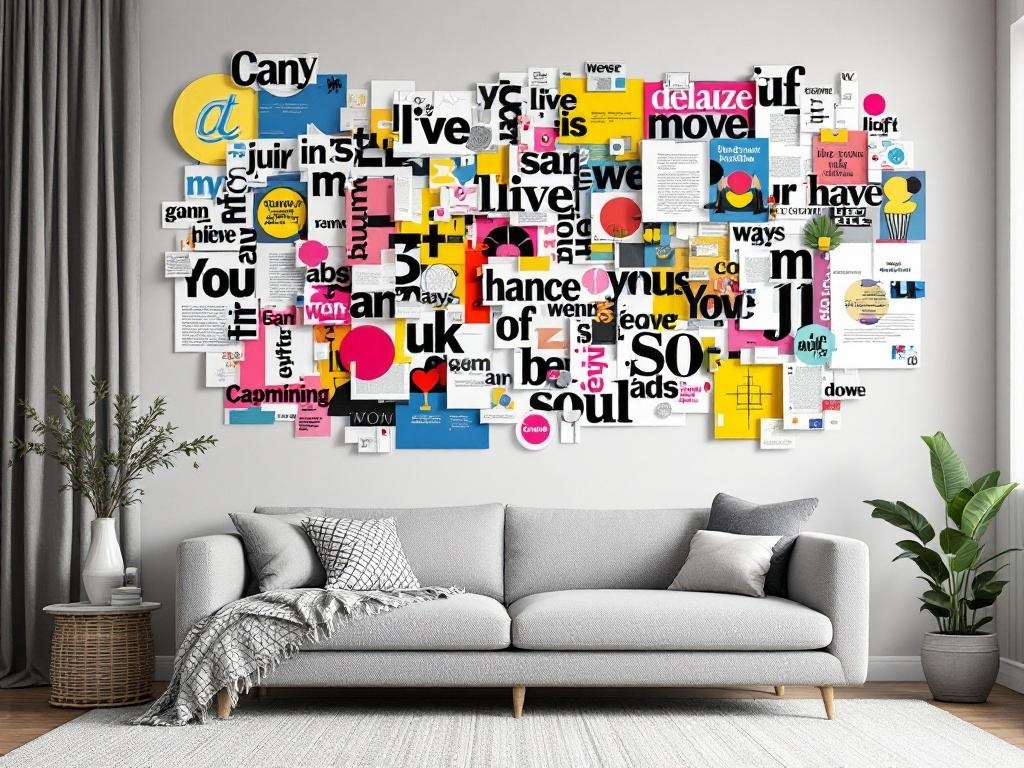 Colorful magazine wall art collage featuring various cutouts and designs.
