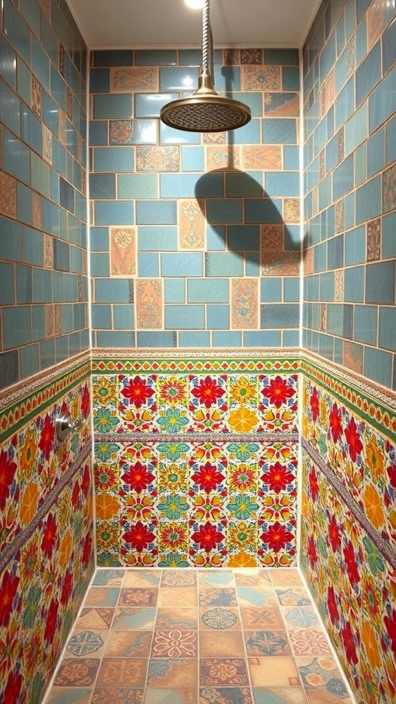 A colorful Moroccan tile shower with intricate floral designs and blue tiles.