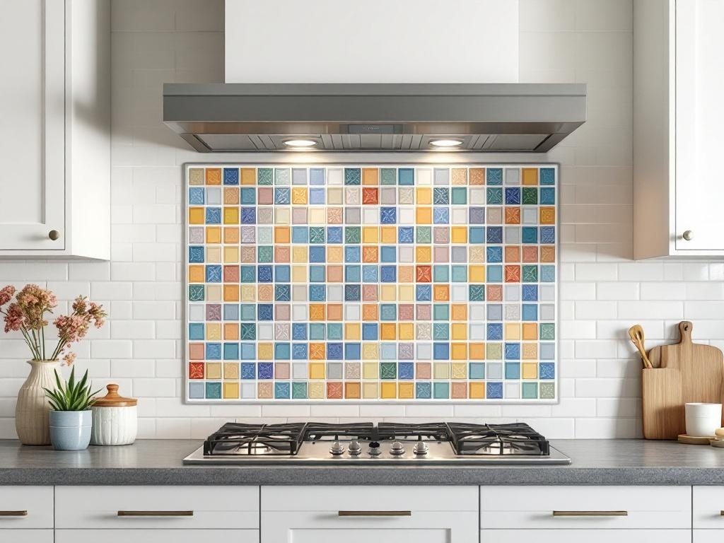 Colorful mosaic tile inlay above a kitchen vent hood.