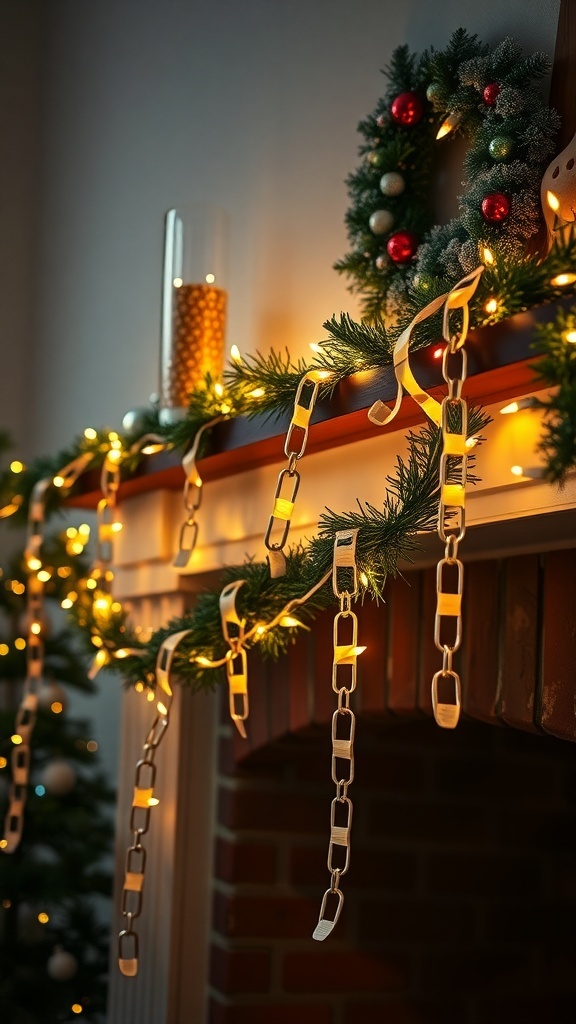 Colorful paper chain garlands hanging on a mantel with festive decorations.