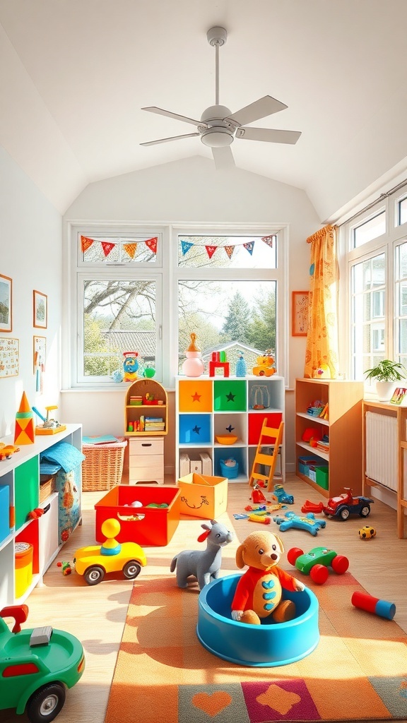 A colorful playroom for kids in a sunroom, featuring toys, bright decor, and natural light.