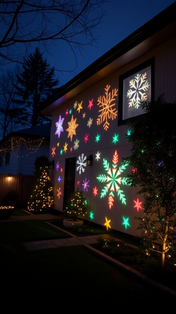 A house decorated with colorful projector lights displaying snowflake patterns on the wall.