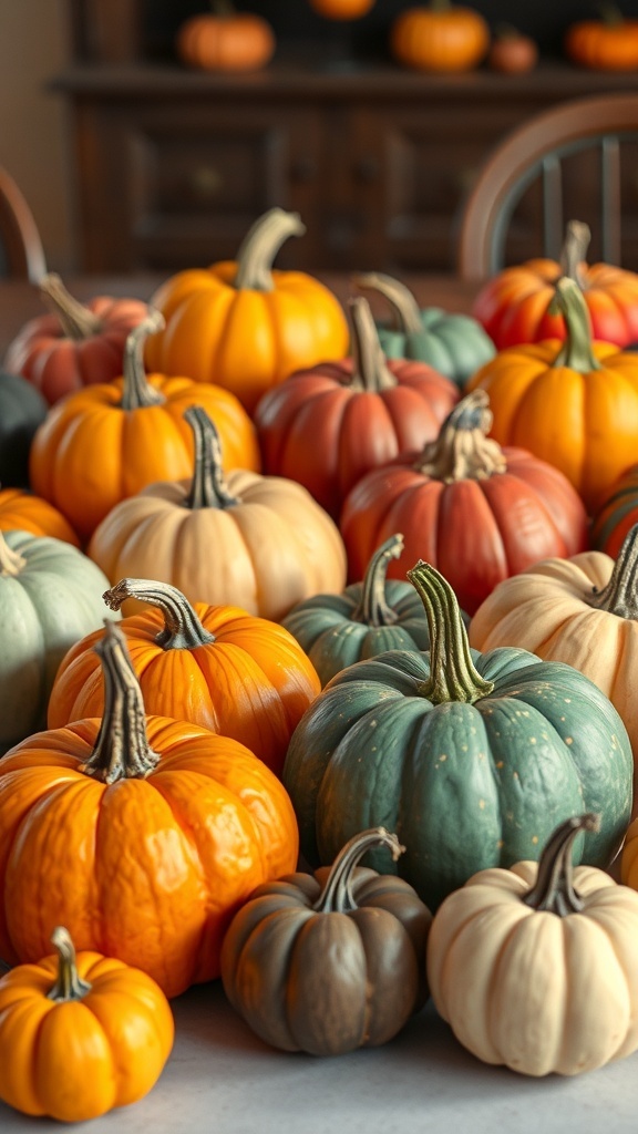 A variety of colorful pumpkins in different shapes and sizes arranged together.