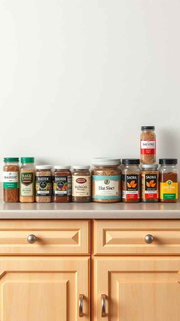 A variety of colorful spice jars displayed on a kitchen countertop.