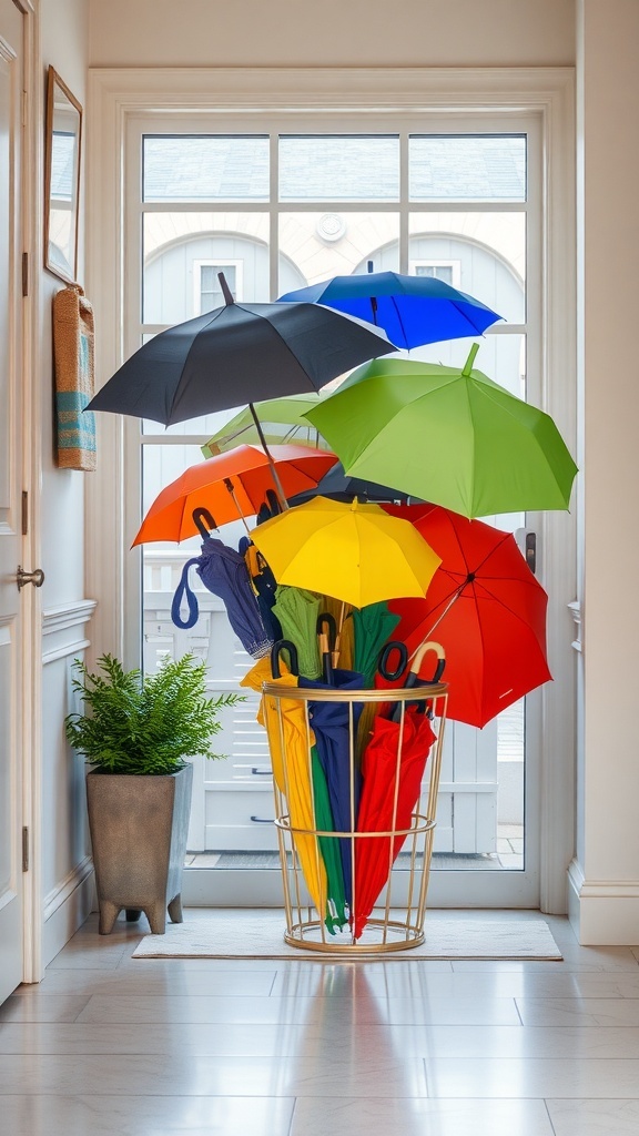 A colorful umbrella stand filled with various umbrellas in a bright entryway.