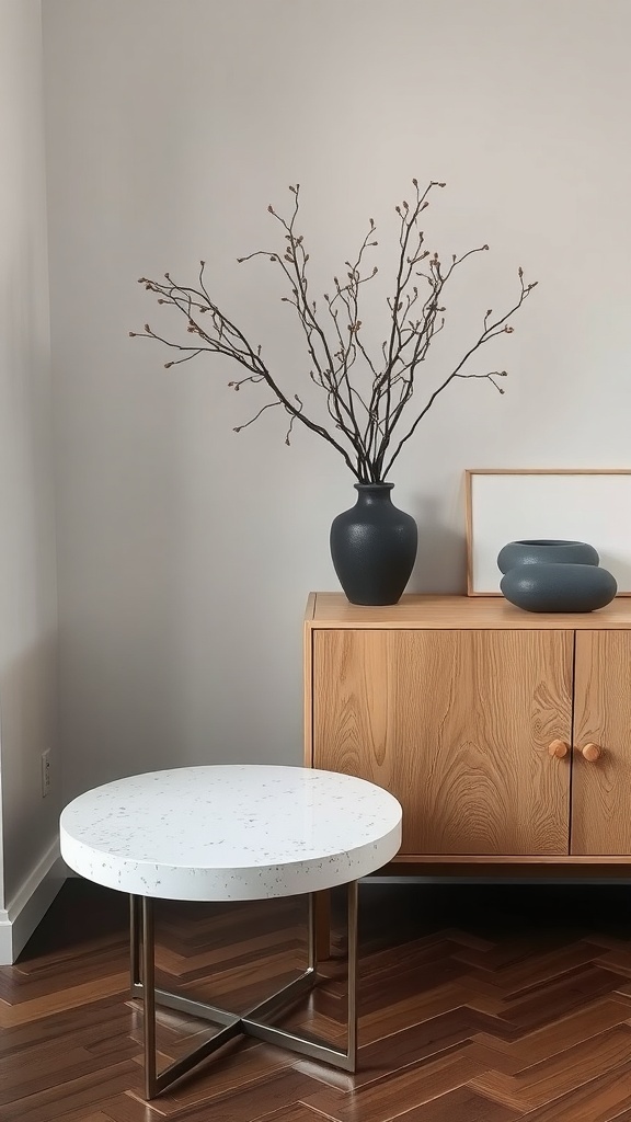 A stylish white terrazzo side table next to a wooden cabinet, showcasing a modern and warm interior design.
