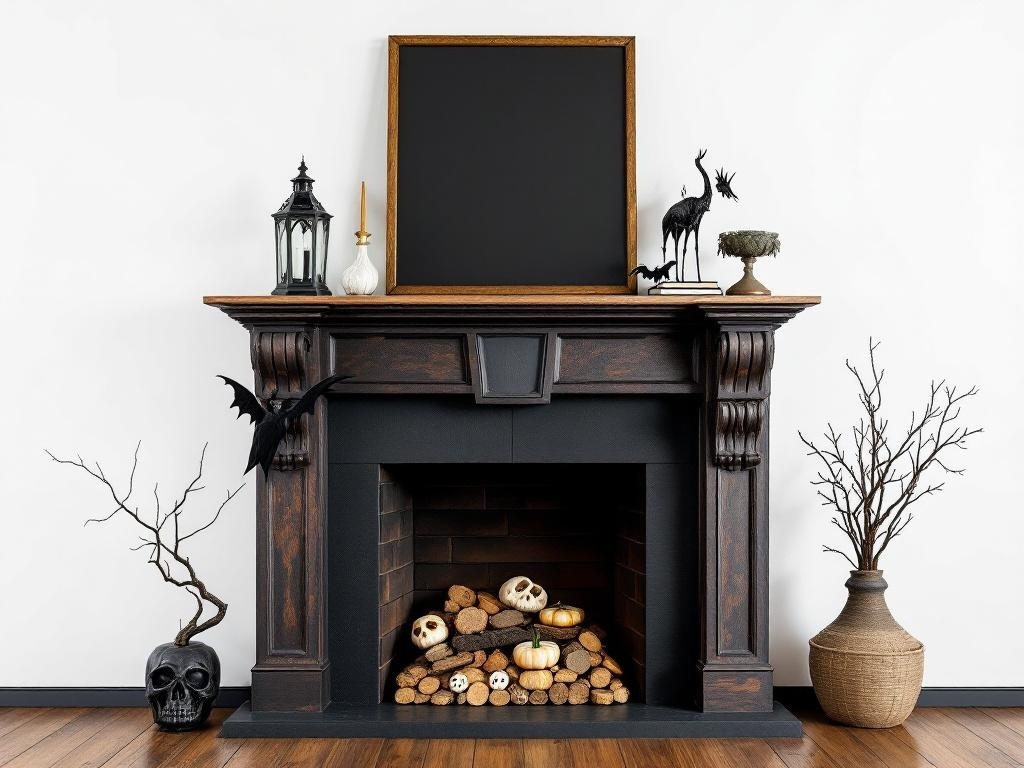 A spooky Halloween fireplace mantel featuring a mix of decor elements like pumpkins, skulls, and bats.
