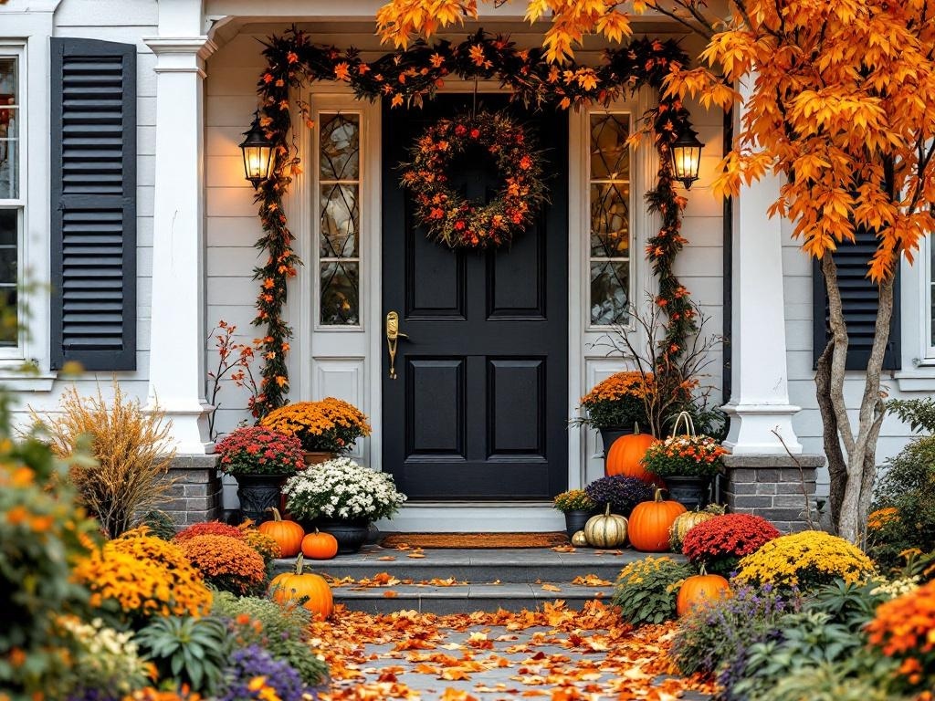 A beautifully decorated front porch with fall and Halloween decor, featuring pumpkins, colorful mums, and autumn leaves.