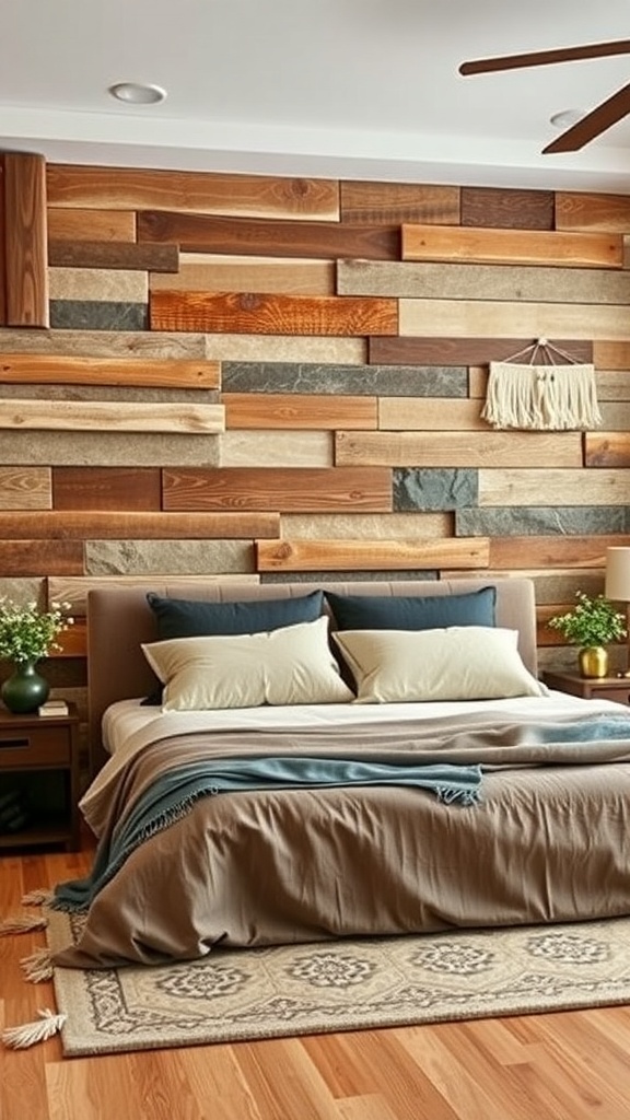 A cozy bedroom featuring a custom headboard wall made of mixed wooden panels, showcasing various textures and colors.