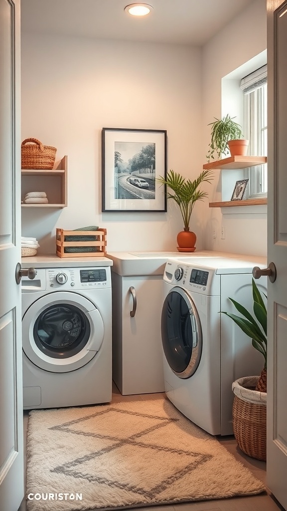 A cozy laundry room featuring a rug, plants, and open shelving for storage.