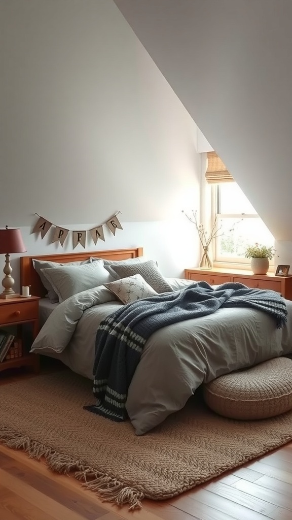 A cozy loft bedroom featuring a neatly made bed with soft linens, a chunky knit throw, and warm wooden furniture.