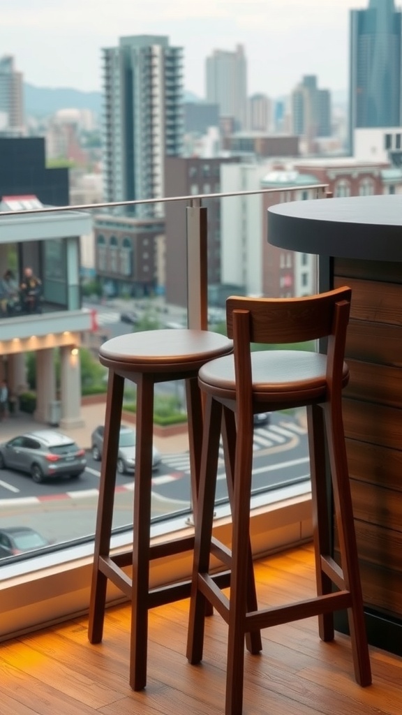 Two modern dark wood bar stools with a city view in the background
