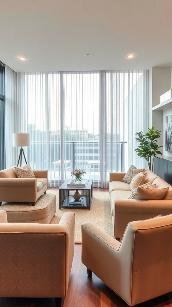 A cozy living room with light-colored seating, large windows, and a circular ottoman.