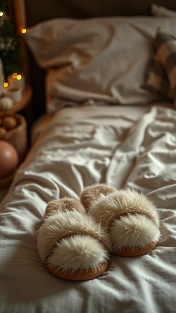 A pair of fluffy slippers on a bed with soft bedding, creating a cozy atmosphere.