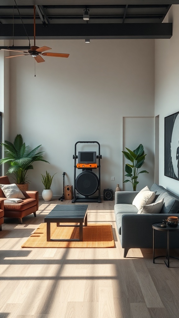 A stylish home gym with workout equipment, cozy seating, and plants in a bright room.