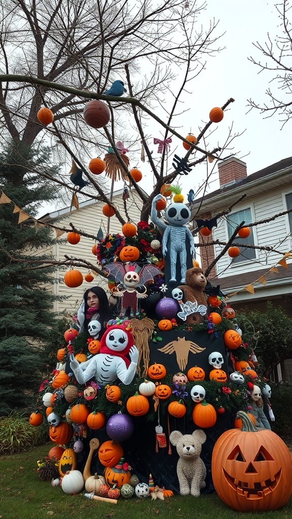 A community-inspired Halloween tree decorated with pumpkins, skeletons, and colorful ornaments.