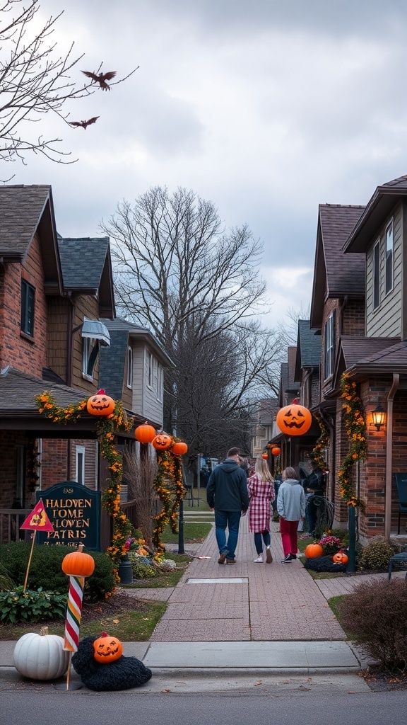 A neighborhood street decorated for Halloween with pumpkins and families walking together.